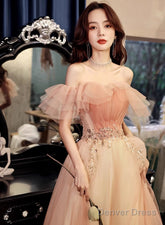 A-Line Pink Floor Length Party Dress Prom Dress, Pink Off Shoulder Formal Dress